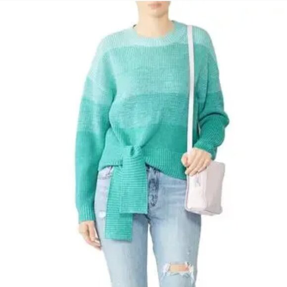 Parker Hampton Teal Blue Colorblock Tie Hem Crewneck Sweater Wool Blend Size XS - Picture 2 of 16